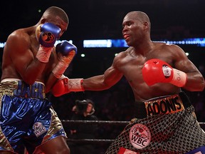 Adonis Stevenson (right) punches Badou Jack during their WBC title fight at the Air Canada Centre on May 19, 2018 in Toronto. (Vaughn Ridley/Getty Images)