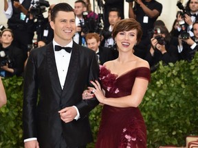 Scarlett Johansson and Colin Jost arrive for the 2018 Met Gala on May 7, 2018, at the Metropolitan Museum of Art in New York. The Gala raises money for the Metropolitan Museum of Arts Costume Institute. The Gala's 2018 theme is Heavenly Bodies: Fashion and the Catholic Imagination.