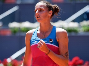 Czech Republic's Karolina Pliskova reacts after winning a point against Romania's Simona Halep during their WTA Madrid Open quarter-final match at the Caja Magica on May 10, 2018. (Javier Soriano/Getty Images)