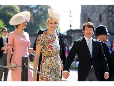 British singer James Blunt (R) and Sofia Wellesley arrive for the wedding ceremony of Britain's Prince Harry, Duke of Sussex and US actress Meghan Markle at St George's Chapel, Windsor Castle, in Windsor, on May 19, 2018.