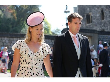 Edwina Louise Grosvenor (L) and Dan Snow arrive for the wedding ceremony of Britain's Prince Harry, Duke of Sussex and US actress Meghan Markle at St George's Chapel, Windsor Castle, in Windsor, on May 19, 2018.