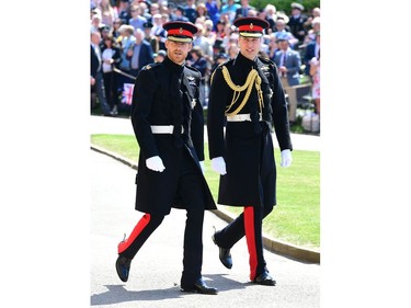 Britain's Prince Harry, Duke of Sussex, (L) arrives with his best man Prince William, Duke of Cambridge at St George's Chapel, Windsor Castle, in Windsor, on May 19, 2018 for his wedding ceremony to marry US actress Meghan Markle.