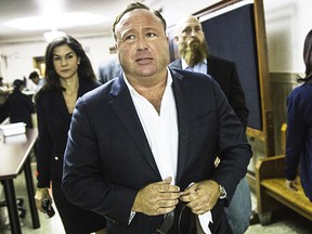 In this April 17, 2017, file photo, "Infowars" host Alex Jones arrives at the Travis County Courthouse in Austin, Texas. (AP)