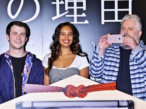 Dylan Minnette, left, Alisha Boe, middle, and Brian Yorkey attend Netflix's '13 Reasons Why' special event at the Toho Cinemas Nihonbashi in Tokyo, Japan, April 23, 2018.  (Kento Nara/Future Image/WENN.com)