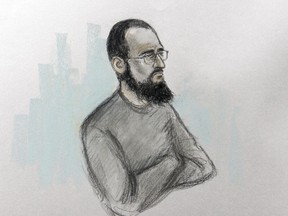 This is an undated court artist sketch file photo by Elizabeth Cook showing Husnain Rashid during his trial.