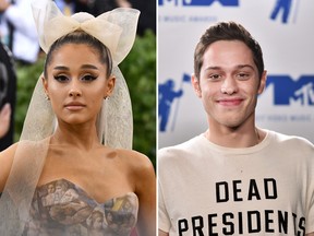 In this Monday, May 7, 2018 file photo, Ariana Grande attends The Metropolitan Museum of Art's Costume Institute benefit gala celebrating the opening of the Heavenly Bodies: Fashion and the Catholic Imagination exhibition. (Photo by Charles Sykes/Invision/AP, File) and Pete Davidson poses in the press room during the 2017 MTV Video Music Awards at The Forum on August 27, 2017 in Inglewood, California. (Photo by Alberto E. Rodriguez/Getty Images)