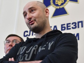 Anti-Kremlin Russian journalist Arkady Babchenko speaks during a press conference at Ukrainian Security Service in Kiev on May 30, 2018.