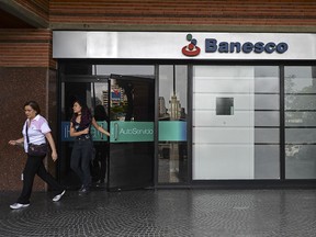 View of a Banesco bank office facade in Caracas on May 3, 2018. (Getty Images)