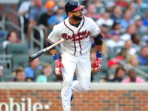 Jose Bautista of the Atlanta Braves hits a first inning double against the San Francisco Giants at SunTrust Park on May 4, 2018