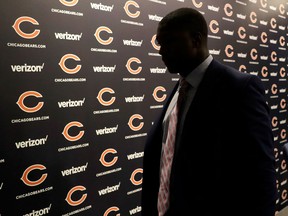 Chicago Bears first round draft pick, University of Georgia linebacker Roquan Smith, departs an introductory NFL football news conference Friday, April 27, 2018, in Lake Forest , Ill.
