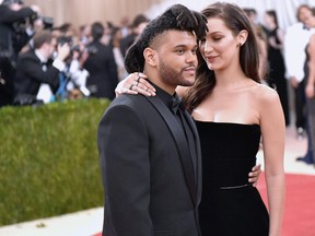 The Weeknd (L) and Bella Hadid attend the "Manus x Machina: Fashion In An Age Of Technology" Costume Institute Gala at Metropolitan Museum of Art on May 2, 2016 in New York City.  (Mike Coppola/Getty Images for People.com)
