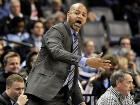 Memphis Grizzlies coach J.B. Bickerstaff yells instructions to his players during a game against the Sacramento Kings on Friday, April 6, 2018, in Memphis, Tenn. (AP Photo/Brandon Dill)