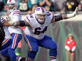 Buffalo Bills offensive guard Richie Incognito sets up to block against the Jacksonville Jaguars defense during the second half of an NFL wild-card playoff game in Jacksonville, Fla. on Jan. 7, 2018. (AP Photo/Phelan M. Ebenhack)