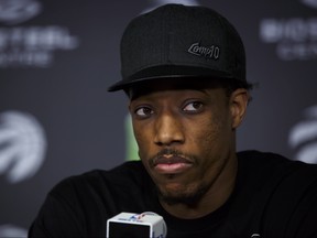 Toronto Raptors' DeMar DeRozan reacts during an end of year press conference at the BioSteel Centre in Toronto on Tuesday, May 8, 2018. (The Canadian Press/Cole Burston)