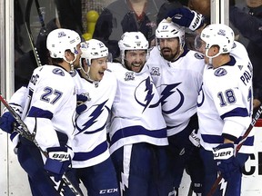Alex Killorn of the Tampa Bay Lightning celebrates with his teammates after scoring against the Washington Capitals at Capital One Arena on May 17, 2018 in Washington, DC. (Patrick Smith/Getty Images)