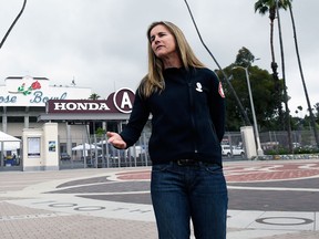 Brandi Chastain speaks to the media during a tour of the Rose Bowl stadium as a possible venue as the International Olympic Committee Evaluation Commission tours potential venues sites in for the 2024 Olympics on May 10, 2017