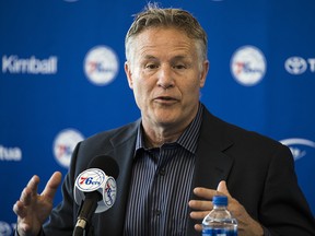 Philadelphia 76ers head coach Brett Brown speaks with members of the media during a news conference at the NBA basketball team's practice facility, in Camden, N.J., Friday, May 11, 2018. (AP Photo/Matt Rourke)