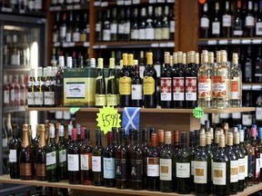 Shelves of alcoholic drinks are displayed for sale in Edinburgh, Scotland, Tuesday May 1, 2018.
