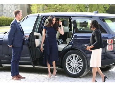 Meghan Markle, centre and her mother, Doria Ragland, arrive at Cliveden House Hotel, in Berkshire, England, Friday, May 18, 2018 to spend the night before her wedding to Prince Harry on Saturday. (Steve Parsons/Pool Photo via AP) ORG XMIT: LON107