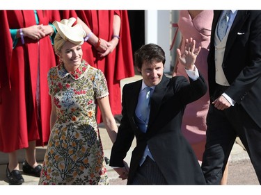 Sofia Wellesley and James Blunt arrive for the wedding ceremony of Prince Harry and Meghan Markle at St. George's Chapel in Windsor Castle in Windsor, near London, England, Saturday, May 19, 2018. (Andrew Milligan/pool photo via AP) ORG XMIT: RWW112