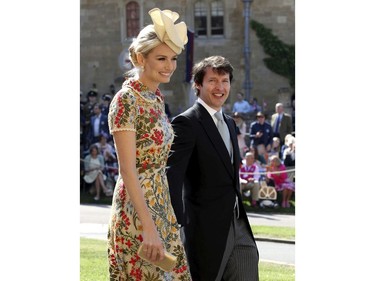 James Blunt and Sofia Wellesley arrive for the wedding ceremony of Prince Harry and Meghan Markle at St. George's Chapel in Windsor Castle in Windsor, near London, England, Saturday, May 19, 2018. (Chris Radburn/pool photo via AP) ORG XMIT: RWW705