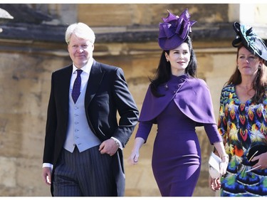 Charles Spencer, Earl Spencer and his wife, Countess Spencer arrive the wedding ceremony of Prince Harry and Meghan Markle at St. George's Chapel in Windsor Castle in Windsor, near London, England, Saturday, May 19, 2018. (Chris Jackson/pool photo via AP) ORG XMIT: RWW710