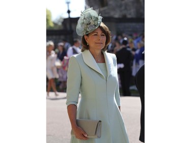 Carole Middleton arrives at the wedding ceremony of Prince Harry and Meghan Markle at St. George's Chapel in Windsor Castle in Windsor, near London, England, Saturday, May 19, 2018. (Gareth Fuller/pool photo via AP) ORG XMIT: RWW712
