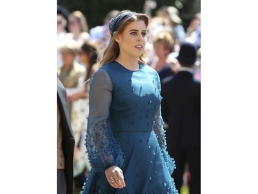Princess Beatrice arrives for the wedding ceremony of Prince Harry and Meghan Markle at St. George's Chapel in Windsor Castle in Windsor, near London, England, Saturday, May 19, 2018. (Gareth Fuller/pool photo via AP) ORG XMIT: RWW162