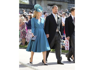 Peter Phillips and Autumn Phillips arrive for the wedding ceremony of Prince Harry and Meghan Markle at St. George's Chapel in Windsor Castle in Windsor, near London, England, Saturday, May 19, 2018. (Gareth Fuller/pool photo via AP) ORG XMIT: RWW811