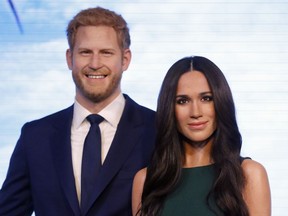 Britain's Prince Harry and his fiancee Meghan Markle are on display as wax figures at Madame Tussauds in London, Wednesday, May 9, 2018. As the world eyes are on the upcoming royal wedding, Madame Tussauds London unveils Meghan Markle's figure, standing alongside a re-styled figure of her groom, Prince Harry.