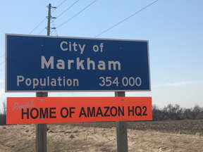 The City of Markham tweeted Monday a picture of an amended population sign with "possible home of Amazon HQ2."