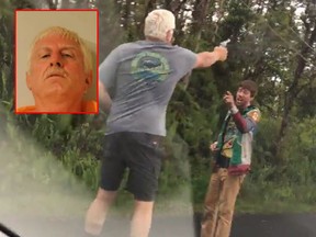 In a viral video, John Hubbard can be seen pulling a gun on his neighbour, Ethan Edwards. (Facebook/Big Island Police)