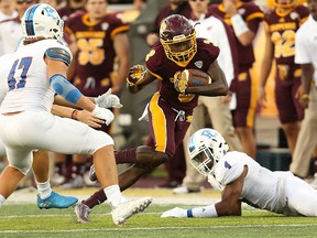 Mark Chapman of the Central Michigan Chippewas runs the ball after a catch against the Presbyterian Blue Hose at Kelly/Shorts Stadium on Septe. 1, 2016 in Mount Pleasant, Mich.