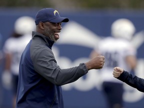 Los Angeles Chargers coach Anthony Lynn smiles during the team's NFL football rookie minicamp Friday, May 11, 2018, in Costa Mesa, Calif.