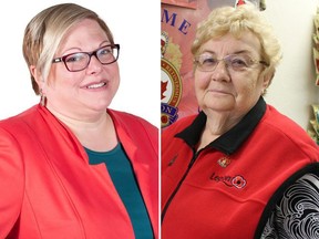 Myrna Picotte (R), president of Royal Canadian Legion Branch 606 in Pickering, Ont., says she proudly wears poppy for her husband Bert, a Korean War veteran. Picotte says she was disgusted by Mississauga Centre candidate Laura Kaminker (L) who has said the poppy glorifies war. (Antonella Artuso/Postmedia Network/HANDOUT PHOTO)