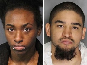 These May 16, 2018 booking photos provided by the Washoe County (Nev.) Sheriff, left, and the Sacramento (Calif.) Police Department, show Averyauna Anderson, left, and Tyler Anderson, both of Reno, Nev.  (AP Photo/Washoe County Sheriff's Office, left, and the Sacramento Police Department)
