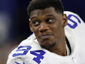 Dallas Cowboys' Randy Gregory stands on the sideline late in the second half against the Detroit Lions in Arlington, Texas on Dec. 26, 2016. (AP Photo/Brandon Wade)