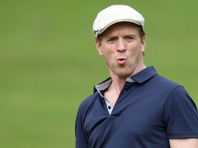 Damian Lewis reacts after playing a shot during the Pro Am for the BMW PGA Championship at Wentworth on May 23, 2018 in Virginia Water, England. (Alex Pantling/Getty Images)