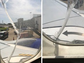 Photos posted to social media show a crack in a window aboard Southwest Flight 957 that forced it to land in Cleveland on May 2, 2018.