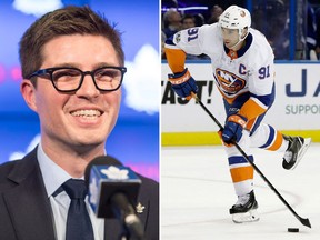 Toronto Maple Leafs GM Kyle Dubas (L) and free agent John Tavares. (THE CANADIAN PRESS/Chris Young/AP Photo/Chris O'Meara)