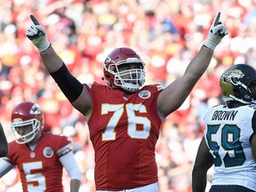 Kansas City Chiefs offensive lineman Laurent Duvernay-Tardif celebrates after a field goal during a game against the Jacksonville Jaguars in Kansas City, Mo. on Nov. 6, 2016. (THE CANADIAN PRESS/AP, Ed Zurga)