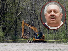 An excavator moves to a rural wooded area in Macomb Township, Mich., Tuesday, May 8, 2018. Convicted killrer Arthur Ream is seen (inset). (AP Photo/Paul Sancya/Michigan Department of Corrections via AP)