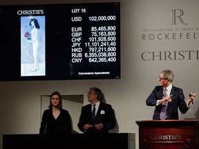 Global president of Christie's Jussi Pylkkanen, right, guides the bidding for Pablo Picasso's "Fillette a la corbeille fleurie" which sold for $102 million during an auction from the collection of Peggy and David Rockefeller, Tuesday, May 8, 2018, in New York.