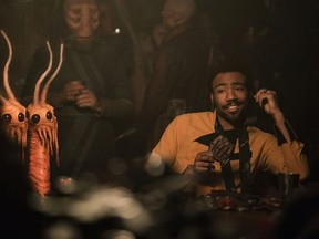 This image released by Lucasfilm shows Donald Glover as Lando Calrissian in a scene from "Solo: A Star Wars Story."
