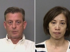 This undated combo of booking photos provided by the Redding Police Department shows Jonathan McConkey, left, general manager at IASCO Flight Training in Redding, Calif., and Kelsi Hoser, an assistant at IASCO Flight Training. McConkey and Hoser were arrested on suspicion of kidnapping a student pilot and trying to send him back to his native China, authorities said. (Redding Police Department via AP)