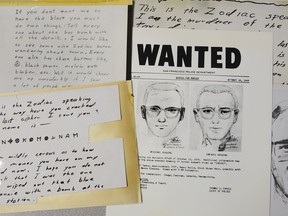 A San Francisco Police Department wanted bulletin and copies of letters sent to the San Francisco Chronicle by a man who called himself Zodiac are displayed Thursday, May 3, 2018, in San Francisco.