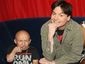 Actors Verne Troyer and Mike Myers backstage at MTV's TRL on June 17, 2008 at MTV Studios in New York.  (Stephen Lovekin/Getty Images)