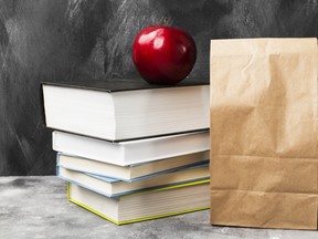 Pile of various books, red apple and package of lunch on dark background