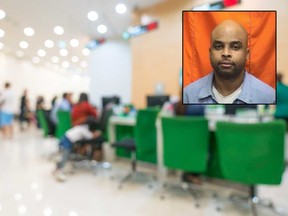 Markiko Sonnie Lewis, 40, appears in a mugshot alongside a stock photo of a bank branch.