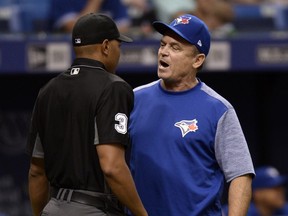 Toronto Blue Jays manager John Gibbons argues after being ejected by home plate umpire Jeremie Rehak during the eighth inning on May 6, 2018, in St. Petersburg, Fla. (JASON BEHNKEN/AP)